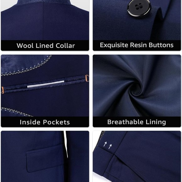 Men's Slim Fit 2 Piece Suit, One Button Solid Jacket Pants Set with Tie - Picture 5 of 6